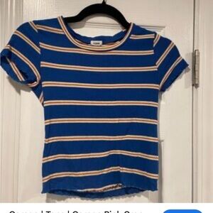 Garage Blue Tee with White and Tan Stripes